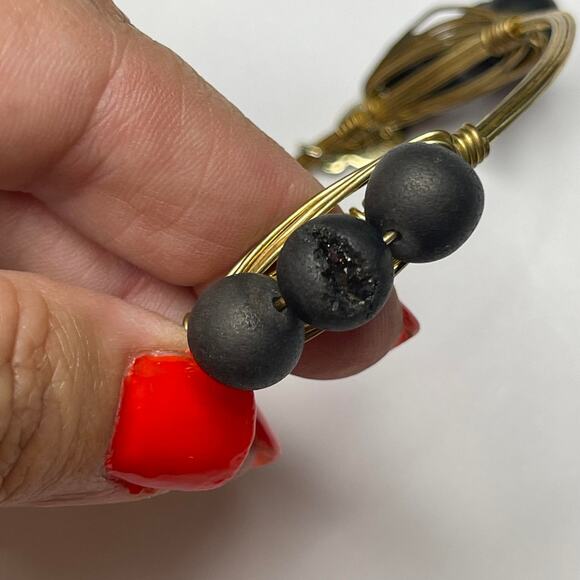 BOURBON & BOWETIES gold tone bracelet bangle 3 black beads jewelry wire wrapped - Picture 7 of 9